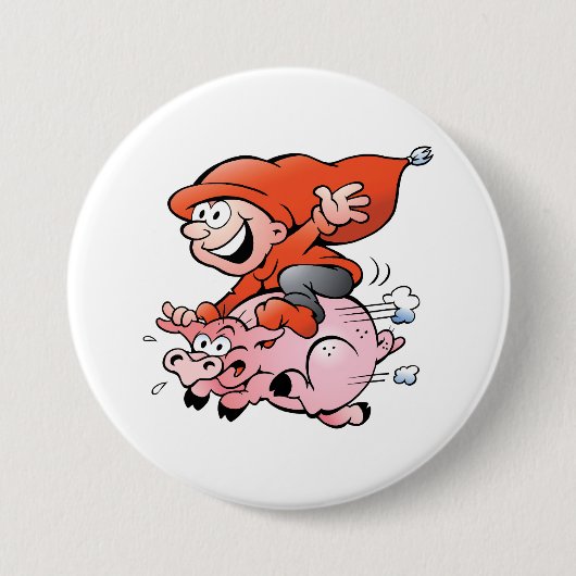 Funny Cartoon Gnome Riding Flying Pig Button (Vorderseite)