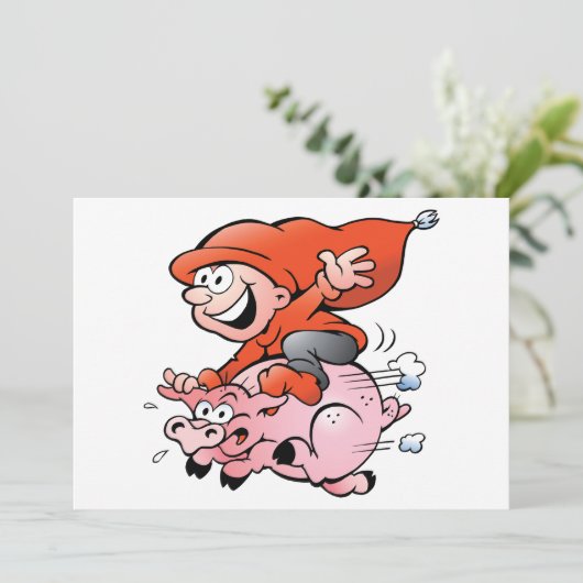 Funny Cartoon Gnome Riding Flying Pig Einladung (Stehend Vorderseite)