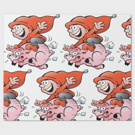Funny Cartoon Gnome Riding Flying Pig Geschenkpapier (Flach)