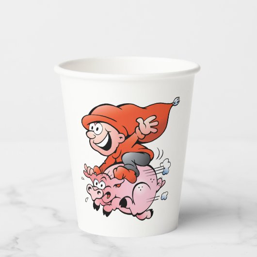 Funny Cartoon Gnome Riding Flying Pig Pappbecher (Vorderseite)