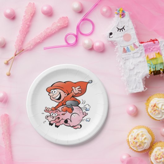 Funny Cartoon Gnome Riding Flying Pig Pappteller (Party)