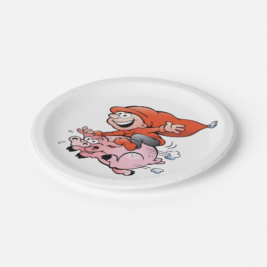 Funny Cartoon Gnome Riding Flying Pig Pappteller (Schrägansicht)
