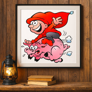 Funny Cartoon Gnome Riding Flying Pig Poster