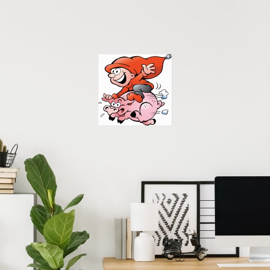 Funny Cartoon Gnome Riding Flying Pig Poster (Heimbüro)