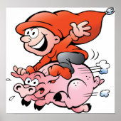 Funny Cartoon Gnome Riding Flying Pig Poster (Vorne)