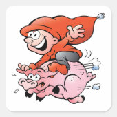Funny Cartoon Gnome Riding Flying Pig Quadratischer Aufkleber (Vorderseite)