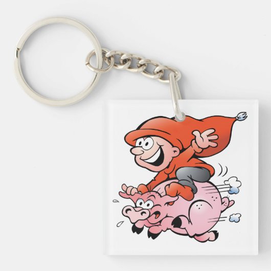 Funny Cartoon Gnome Riding Flying Pig Schlüsselanhänger (Vorderseite)