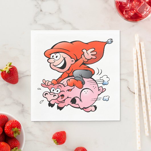 Funny Cartoon Gnome Riding Flying Pig Serviette