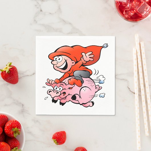 Funny Cartoon Gnome Riding Flying Pig Serviette