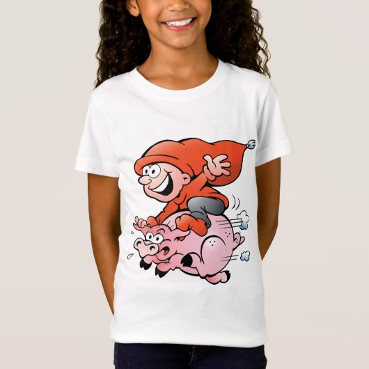 Funny Cartoon Gnome Riding Flying Pig T-Shirt (Vorderseite)