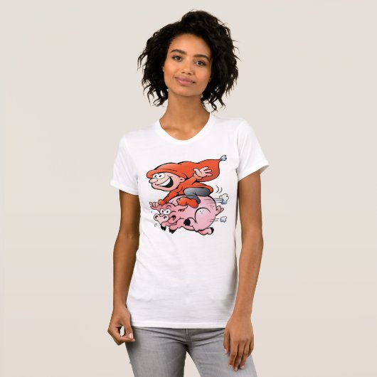 Funny Cartoon Gnome Riding Flying Pig T-Shirt (Vorne ganz)