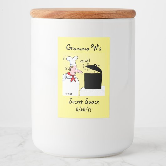 Funny Cartoon Koch mit Kettle auf Stove Lebensmitteletikett (Vorderseite)