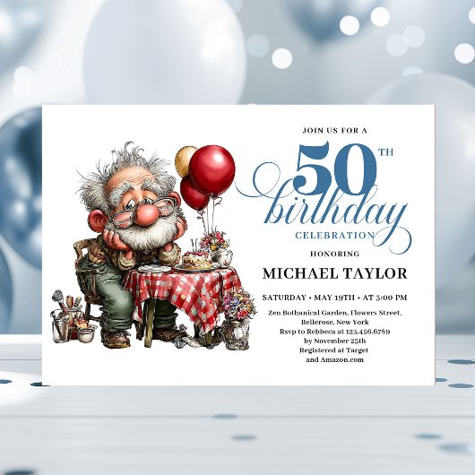Funny Cartoon Man 50th Party Milestone Invite Einladung