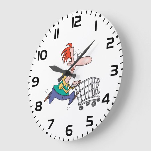 Funny Cartoon Man Running With Shopping Cart Große Wanduhr (Winkel)