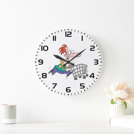 Funny Cartoon Man Running With Shopping Cart Große Wanduhr (Zuhause)