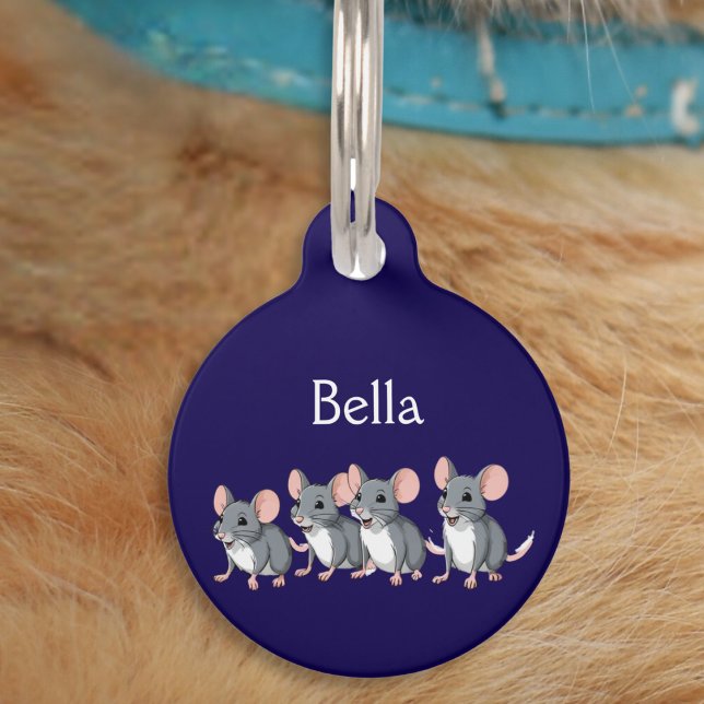 Funny Cartoon Mice Blue Cat Haustiermarke (A cute ID tag for your pet cat, with mice picture, custom name, and your own text on the back)