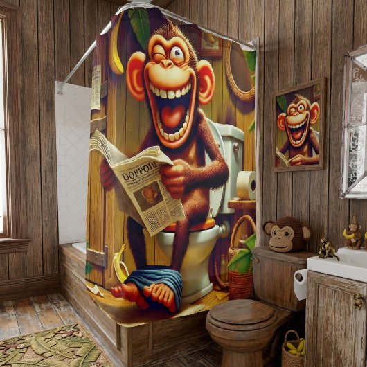 Funny Cartoon Monkey auf der Toilette Duschvorhang