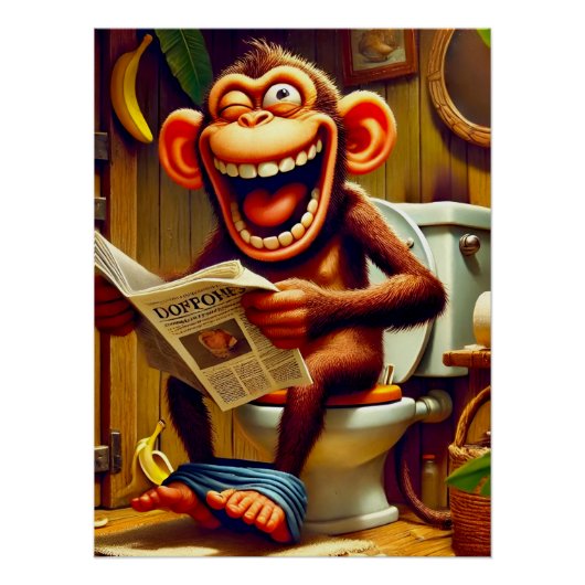 Funny Cartoon Monkey auf der Toilette Poster (Vorderseite)