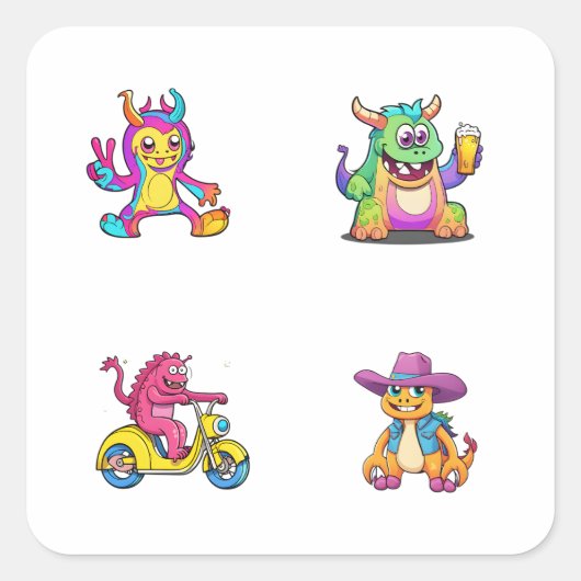 Funny Cartoon Monster 4 Pack Stickers (Vorderseite)