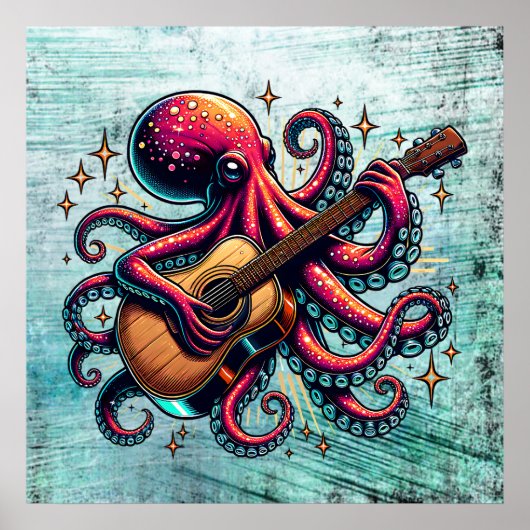 Funny Cartoon Octopus Gitarre spielen Poster (Vorne)