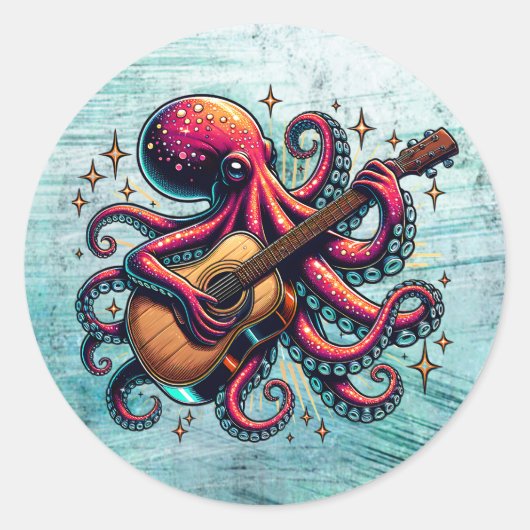 Funny Cartoon Octopus Gitarre spielen Runder Aufkleber (Vorderseite)