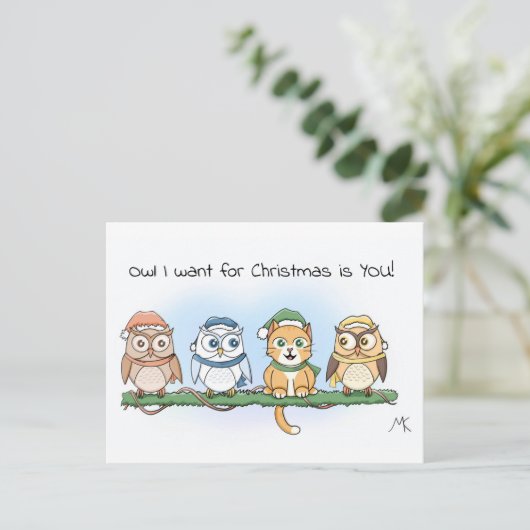 Funny Cartoon Owl Ich wollte zu Weihnachten (Stehend Vorderseite)