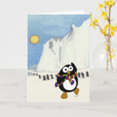 Funny Cartoon Pinguin tanzen. Karte (Gelbe Blume)