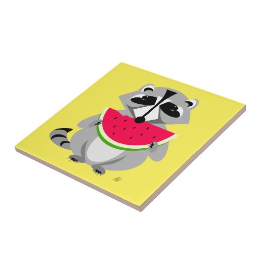 Funny Cartoon Raccoon Eating Watermelone Fliese (Seite)