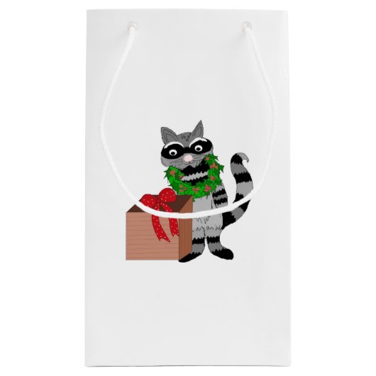 Funny Cartoon Raccoon mit Present Kleine Geschenktüte (Rückseite)