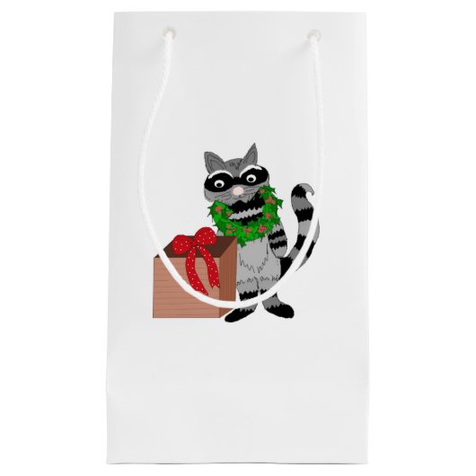 Funny Cartoon Raccoon mit Present Kleine Geschenktüte (Vorderseite)