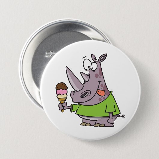 Funny Cartoon Rhino Eating Ice Süße Tier Button (Vorne & Hinten)