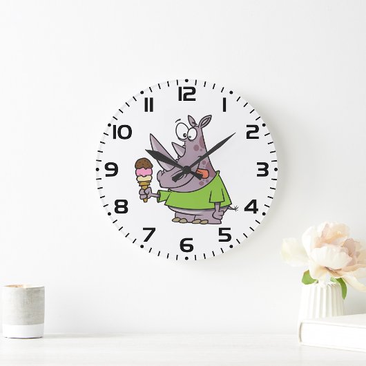 Funny Cartoon Rhino Eating Ice Süße Tier Große Wanduhr