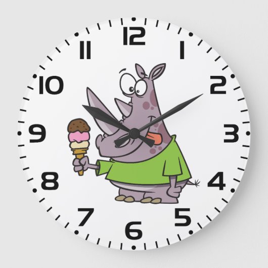 Funny Cartoon Rhino Eating Ice Süße Tier Große Wanduhr (Vorderseite)