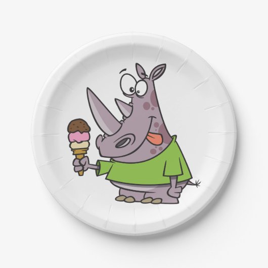 Funny Cartoon Rhino Eating Ice Süße Tier Pappteller (Vorderseite)