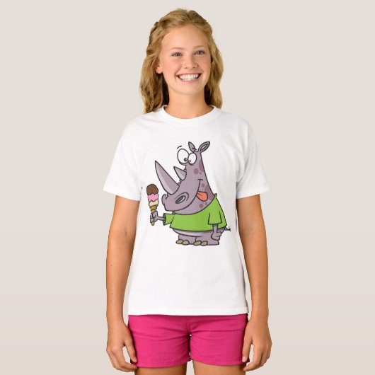 Funny Cartoon Rhino Eating Ice Süße Tier T-Shirt (Vorne ganz)