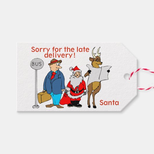 Funny Cartoon Santa Reindeer Spätlieferung Geschenkanhänger (Vorderseite (Horizontal))