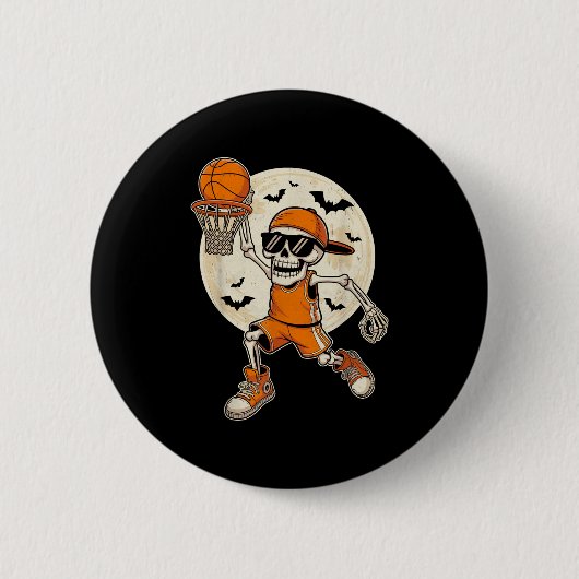 Funny Cartoon Skeleton Basketball Halloween Spiele Button (Vorderseite)