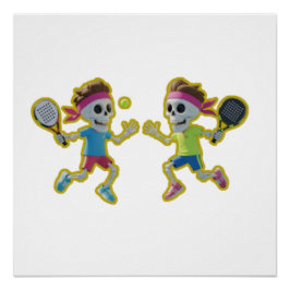Funny Cartoon Skeletons Playing Padel Tennis – 3D Poster