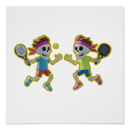 Funny Cartoon Skeletons Playing Padel Tennis – 3D Poster (Vorderseite)