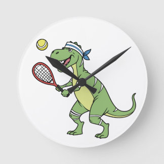 Funny Cartoon T-Rex Playing Tennis Dinosaur Runde Wanduhr