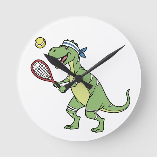 Funny Cartoon T-Rex Playing Tennis Dinosaur Runde Wanduhr (Vorderseite)