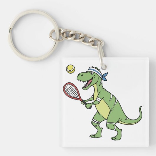 Funny Cartoon T-Rex Playing Tennis Dinosaur Schlüsselanhänger (Vorderseite)