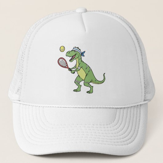 Funny Cartoon T-Rex Playing Tennis Dinosaur Truckerkappe (Vorderseite)