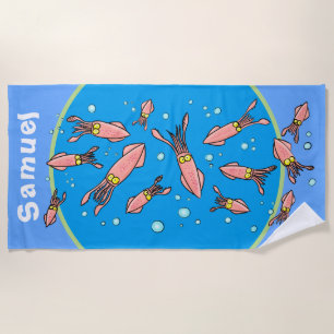 Funny Cartoon Tintenfisch Schule mit blauen Blasen Strandtuch