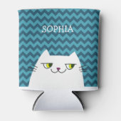 Funny Cartoon White Cat Face Doodle, Blau Zickzack Dosenkühler (Vorderseite)