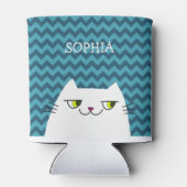 Funny Cartoon White Cat Face Doodle, Blau Zickzack Dosenkühler (Rückseite)