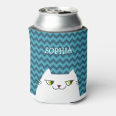 Funny Cartoon White Cat Face Doodle, Blau Zickzack Dosenkühler (Kanne Rückseite)