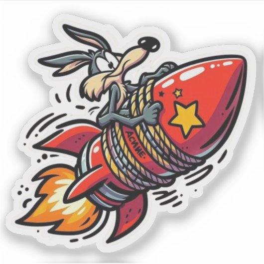 Funny Cartoon Wolf on Rocket Sticker - Retro Acme  (Vorderseite)