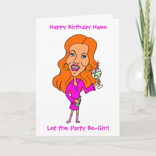 Funny Cartoon Woman Drink Gin Redhead Geburtstag Karte (Vorderseite)