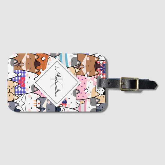 Funny Cartoonic Cats Kitten Pattern Monogram Kids Gepäckanhänger (Vorderseite (Horizontal))